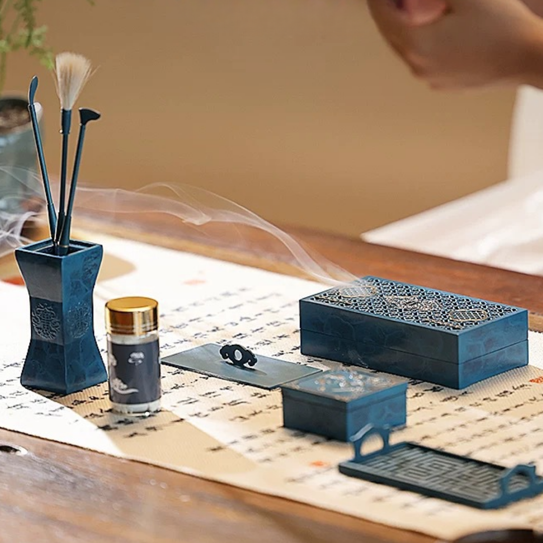 「Blue Lattice」Blue-Enamel Brass Incense Seal Set – Burner, Seal Molds & Kōdō Tools for Refined Indoor Rituals