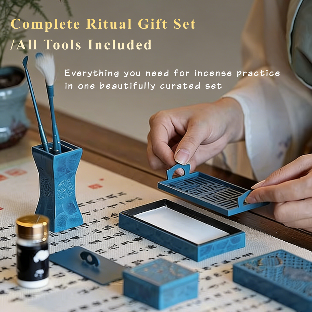 「Blue Lattice」Blue-Enamel Brass Incense Seal Set – Burner, Seal Molds & Kōdō Tools for Refined Indoor Rituals
